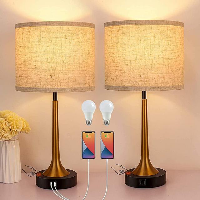 Set of 2 Touch Table Lamps with USB Ports and AC Outlet 3-Way Dimmable Bedside Lamps for Bedroom Small Bed Desk Lamp for Living Room Office Reading (Bulbs Included)