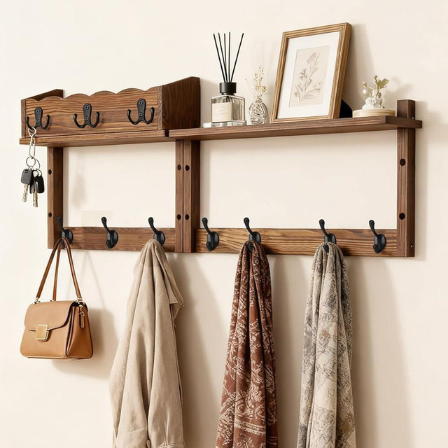 Dellicasi 28" Coat Rack Wall Mount with Shelf, Entryway Key Holder Wall Mount Wood Wall Coat Hooks with 7 Hooks 3 Key Hanger, Wall Mounted Coat Rack Mail Holder for Living Room, Bedroom