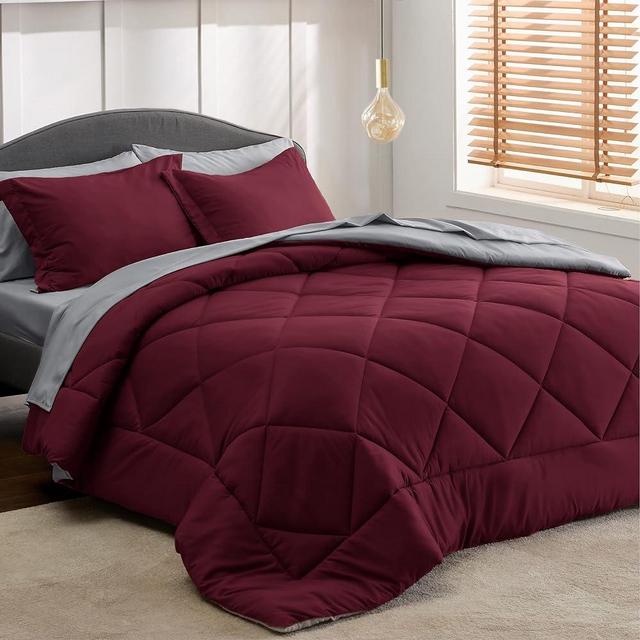 Bedsure Burgundy Queen Comforter Set - 7 Pieces Reversible Queen Bed in a Bag Queen Bed Set with Comforters, Sheets, Pillowcases & Shams, Queen Bedding Sets