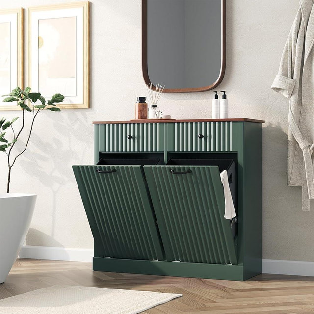 SELOOYE Fluted Tilt Out Laundry Hamper Cabinet, 20 Gallon Hidden Trash Can Cabinet, Wooden 2 in 1 Tilt Out Garbage Can for Kitchen, Bathroom (Green, Full)