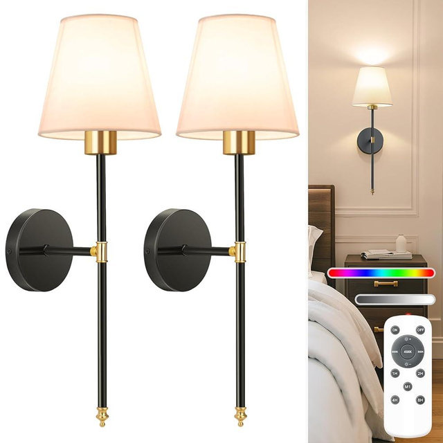 NIORSUN 19.9 inch Battery Operated Wall Sconce Set of 2,Gold-Black Rechargeable Wall Lights with 5200mAh Dimmable Detachable Bulbs and Remote,10 Colors Wireless Sconces for Bedroom Living Room Hallway