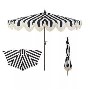 JONATHAN Y Beverly 9 ft. Designer Classic Scalloped Fringe Half Market Patio Umbrella with Crank, Push Button Tilt and UV Protection in Black/White
