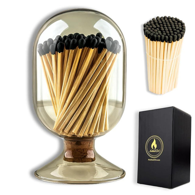 Includes Matches ! | Smoke Gray Glass Matches Cloche | Grey Tinted Decorative Match Holder Jar for Candles Set Display Gift
