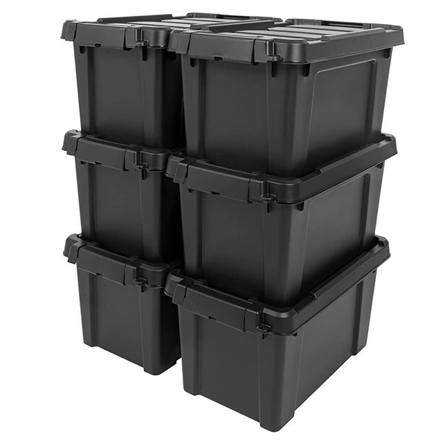 IRIS USA 5 Gallon Heavy-Duty Stackable Storage Totes, Plastic Container Bins with Durable Lids and Secure Latching Buckles for Gardening and Utility Supplies, Garage Tool Storage, Black, 6-Pack