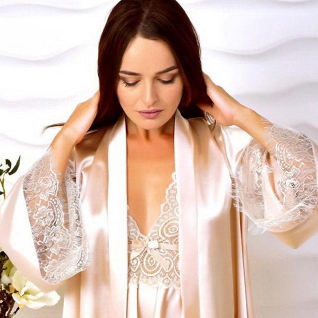 Nude bridal peignoir set Kimono lace...