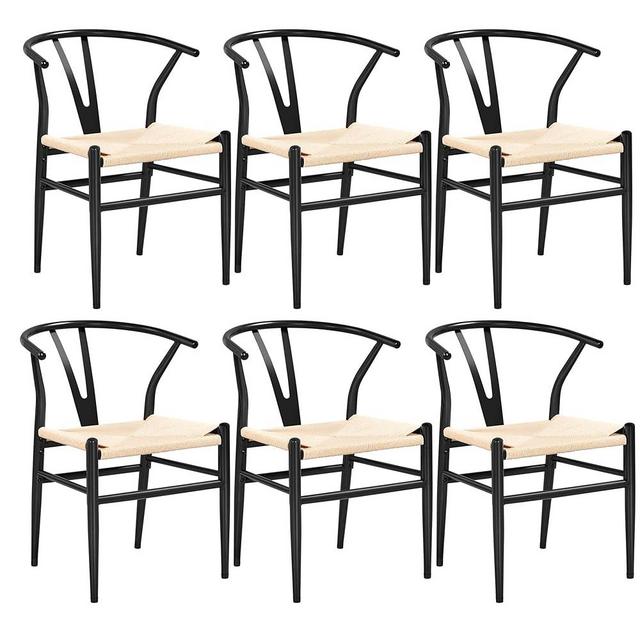 Yaheetech Set of 6 Weave Chairs Metal Dining Chairs Mid-Century Modern Dining Room Chairs with Y-Shaped Backrest & Hemp Seat, 6PCS, Black (3 Packages Containing 6 Chairs)