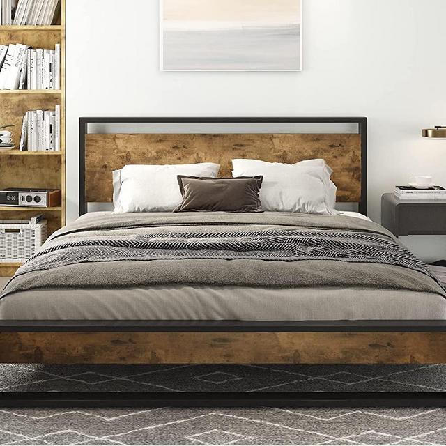 IMUsee Queen Size Bed Frame with Wood Headboard, Rustic Country Style Platform Bed with Noise Free Design, No Box Spring Needed, Easy Assembly, Brown