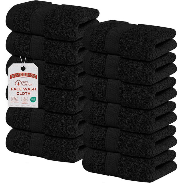 RIVERSIDE 12 Pack Premium 100% Cotton Face Wash Cloths, 12 x 12 Inches, Soft & Absorbent Face Towels for Bathroom Wash Clothes, 550 GSM, Luxury WashCloths for Showering, Body, Spa & Gym, Black