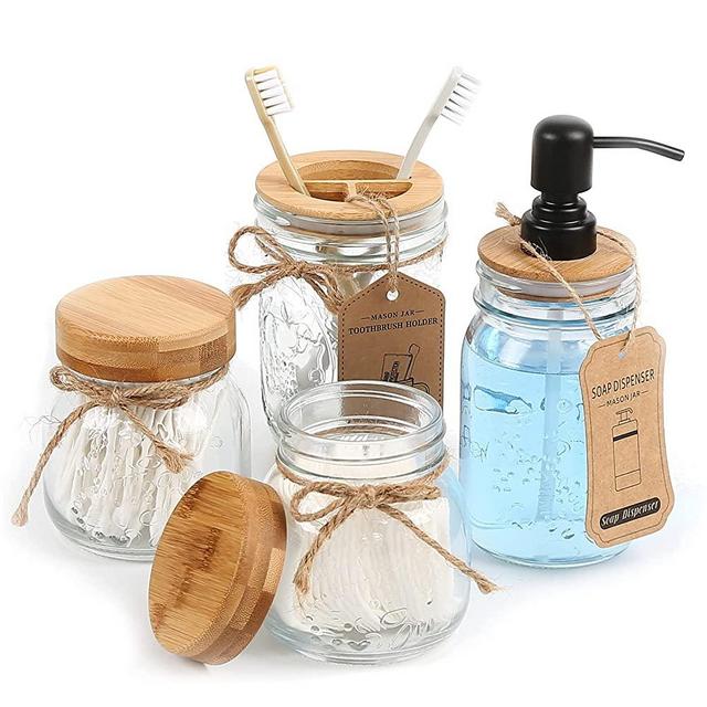 Bathroom Accessories Set Mason Jar, Foaming Soap Dispenser+2 Apothecary Jars+Toothbrush Holder, Bathroom Canisters Rustic Farmhouse Bathroom Decor Jars with Bamboo Lid, Country Countertop, Black