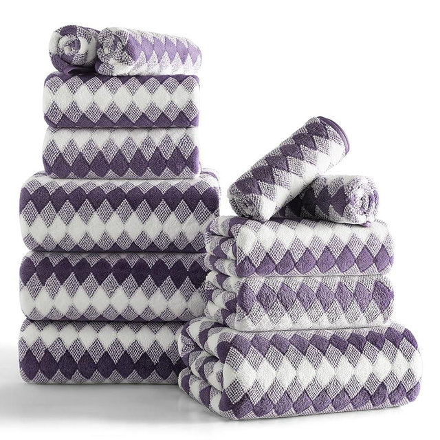12 Pcs Purple White Diamond Towel Set-4 Bath Towels,4 Hand Towels,4 Washcloths Soft Polyester Bath Sheet with Loop Absorbent Shower Towel Quick Dry Beach Chair Towel Family Towels for Bathroom Spa Gym