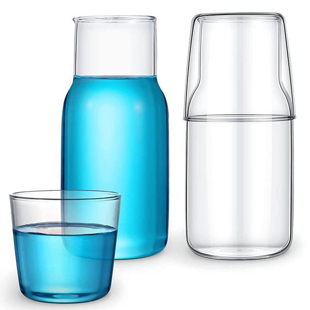 2 Sets Bedside Night Water Carafe with Tumbler Glass 17.5 oz Bedside Carafe Glass Mouthwash Container for Bathroom Large Night Water Glass for Bedroom Nightstand Bathroom Living Room (Clear Color)