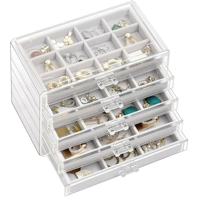 ProCase Earring Holder Organizer Box with 5 Drawers, Clear Acrylic Jewelry Box for Women, Stackable Large Jewelry Storage Case with Adjustable Velvet Trays on Dresser Vanity -Grey, 5 Layers