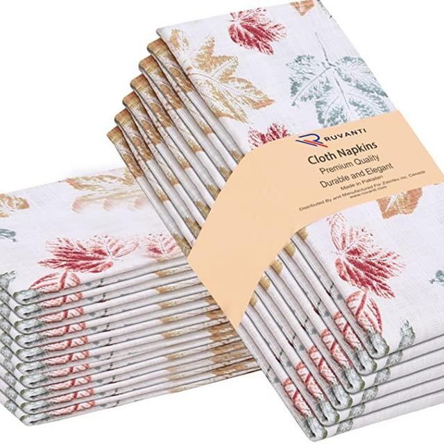 Ruvanti Kitchen Cloth Napkins 6 Pack 100% Cotton 18 X 18 Inch Stamped Leaves, Dinner Napkins, Soft, Comfortable, Washable Cloth, Linen Napkins for Family Dinners, Weddings, Cocktail Parties & Home Use