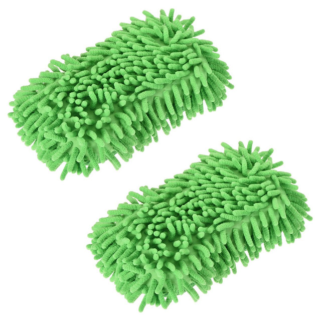 Unique Bargains Microfiber Chenille Wash Gloves Washing Sponge Mitten Dry Duster for Daily Cleaning Green 2 Pcs