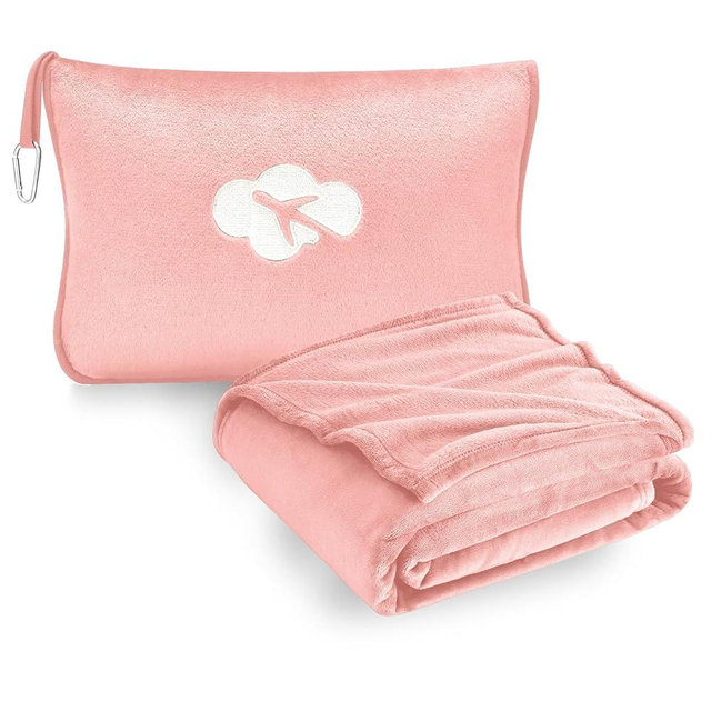 Travel Blanket and Pillow Compact, Premium Soft 2 in 1 Airplane Blanket with Soft Bag Pillowcase，Hand Luggage Sleeve and Backpack Clip (Solid Pink)
