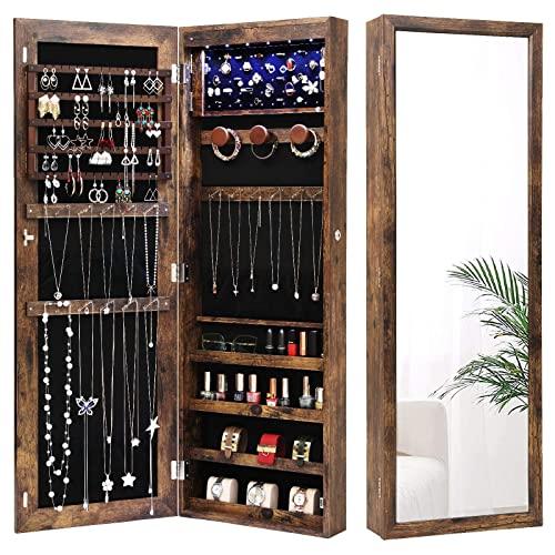 Nicetree 6 LEDs Jewelry Armoire Organizer, Wall/Door Mounted Jewelry Cabinet with Full Length Mirror, Larger Capacity, Dressing Mirror, (Rustic Brown)