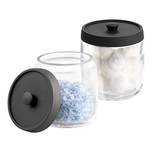 mDesign MetroDecor 2 Piece, Bathroom Vanity Glass Canister Jar for Cotton Balls, Swabs, Cosmetic Pads, Clear/Matte Black