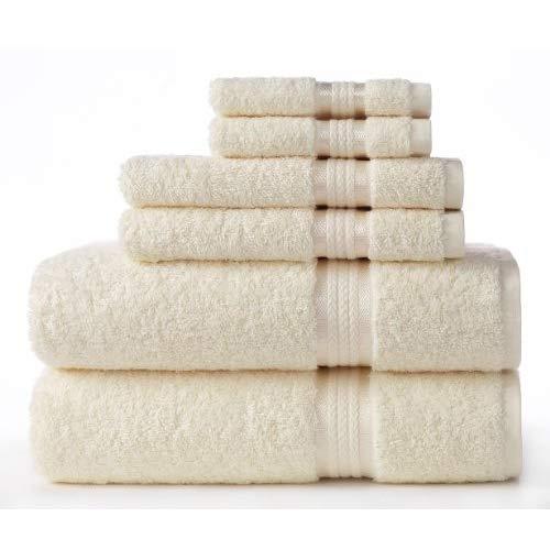 COTTON CRAFT Ultra Soft 6 Piece Towel Set Ivory, Luxurious 100% Ringspun Cotton, Heavy Weight & Absorbent, Rayon Trim - 2 Oversized Large Bath Towels 30x54, 2 Hand Towels 16x28, 2 Wash Cloths 12x12