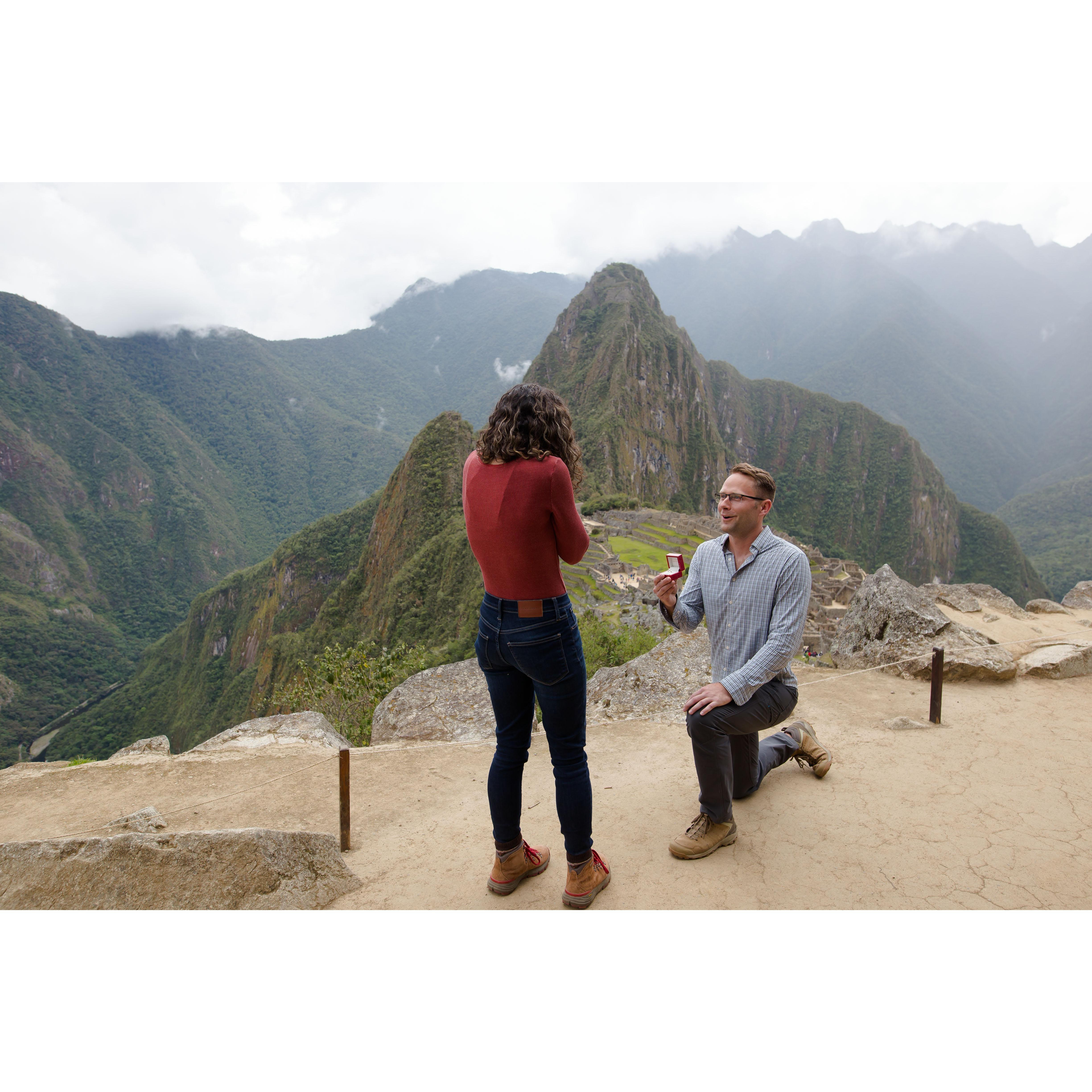 Popping the question on Machu Picchu! Not pictured -- pure shock and disbelief on Christina's face.