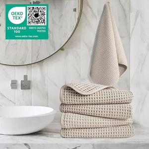 Beige - POLYTE 430 GSM Microfiber Lint Free Hand Towel, 16 x 30 in, 4 Pack (Waffle Weave)