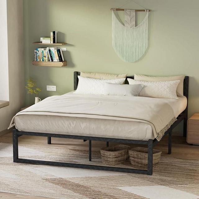 Noillats Queen Size Bed Frame, Heavy Duty Metal Platform Bed Frame with Headboard, 10" Under Bed Storage Space, No Box Spring Needed, Gray Black.
