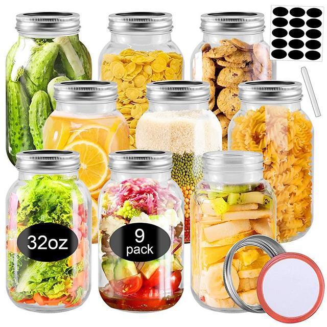 SLifeJars Mason Jars 32 oz, 9pcs Wide Mouth Mason Jars with Regular Metal Airtight Lids and Bands, Clear Quart Canning Jars with Labels and Pen, Large Mason Jars for Jam, Salads, Pickling, Jelly, Overnight Oats, Fruit, Freezing, Meal Prep, Crafts