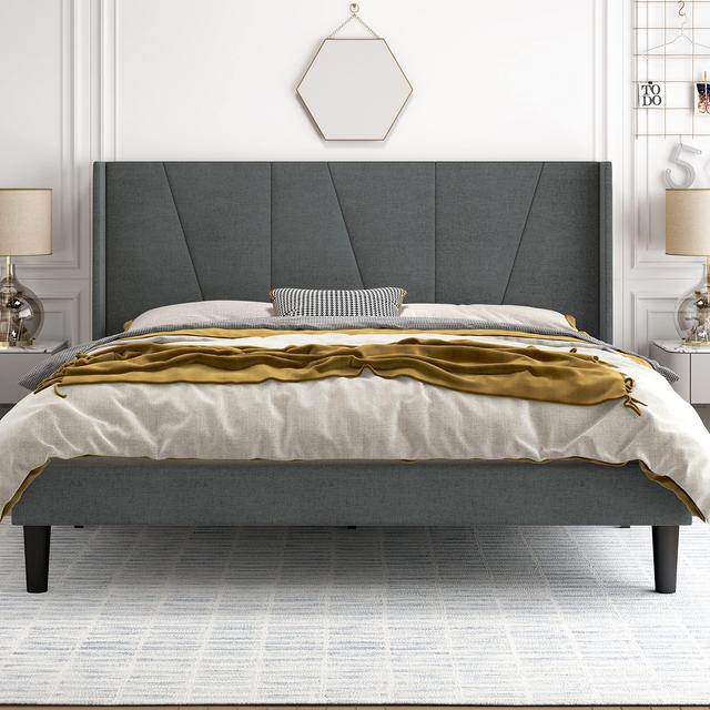 Hoomic Queen Size Upholstered Platform Bed Frame with Modern Geometric Wingback Headboard, Wooden Slats, No Box Spring Needed, Mattress Foundation, Dark Grey