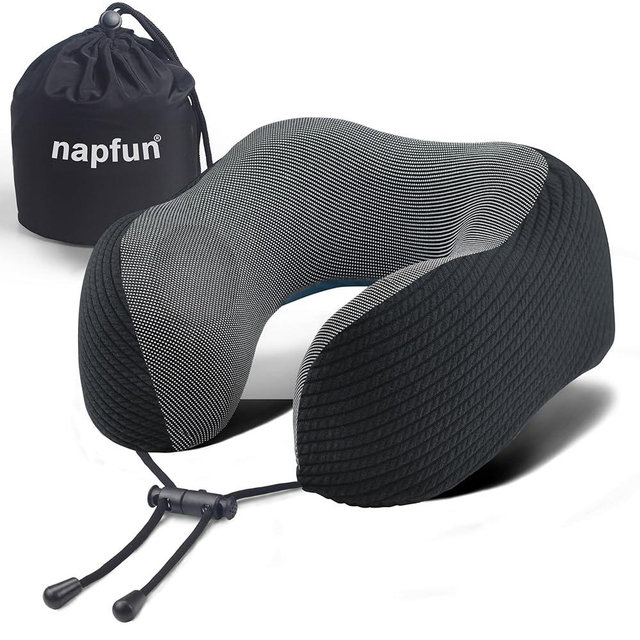 napfun Neck Pillow for Traveling, Upgraded Travel Neck Pillow for Airplane 100% Pure Memory Foam Travel Pillow for Flight Headrest Sleep, Portable Plane Accessories, Charcoal Black