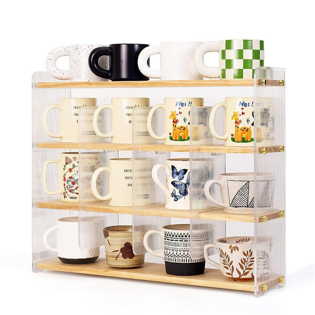 KAOTGOT Coffee Mug Holder Wooden Cup Station Organizer 4-Tier Cup Holder for Coffee Bar Mug Display Rack for Countertop Mug Holder Shelf for Home Kitchen Pine Wood