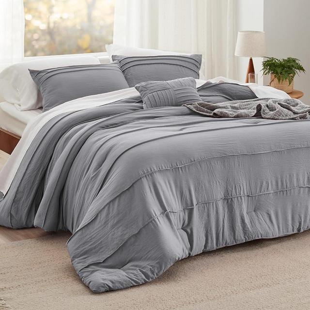 Bedsure Grey Queen Comforter Set - 4 Pieces Pinch Pleat Bed Set, Down Alternative Bedding Sets for All Season, 1 Comforter, 2 Pillowcases, 1 Decorative Pillow