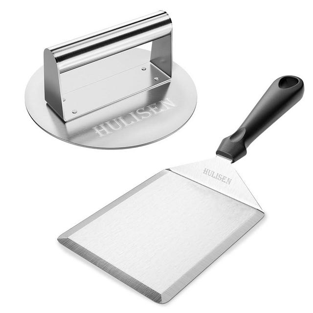 HULISEN Griddle Accessories for Blackstone, Stainless Steel Burger Press Kit with Burger Spatula, Burger Smasher for Griddle Flat Top Grill Cooking, Grill Press for Barbeque Hamburger Steak Meat