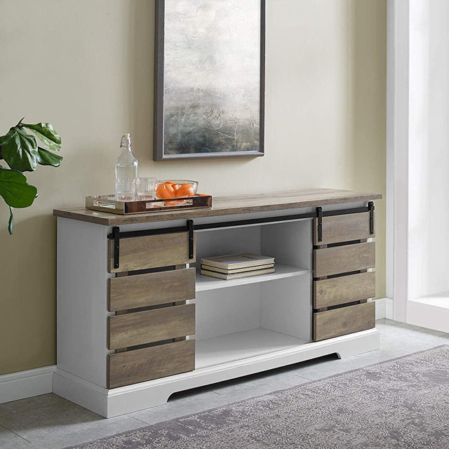Walker Edison Farmhouse Sliding Slat Door TV Stand Console, 58 Inch, Reclaimed Barnwood