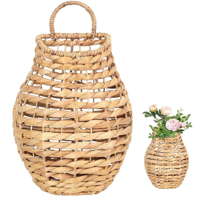 Natural Handwoven Wall Hanging Water Hyacinth Basket for Front Door Flowers & Home Decor – Handwoven Wicker Wall Baskets with Loop Handle – Decorative Organizer for Entryway Mail, and Seasonal Display