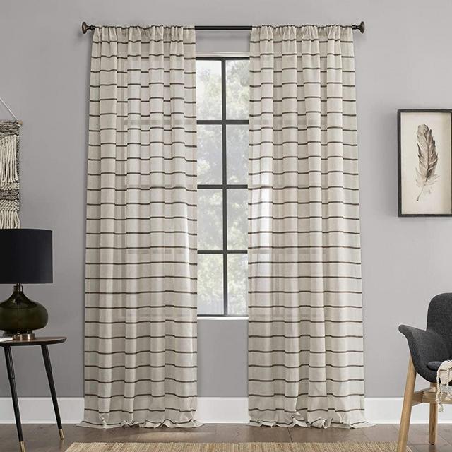 Clean Window Twill Stripe Allergy/Pet Friendly Anti-Dust Sheer Curtain Panel, 52" x 63", Mocha/Linen