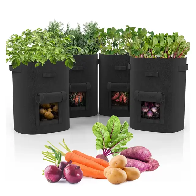 Garnen 4 Pack 10 Gallon Garden Potato Grow Bags, Fabric Grow Bags for Outdoor and Indoor, Indoor Planters with Harvest Window - Black