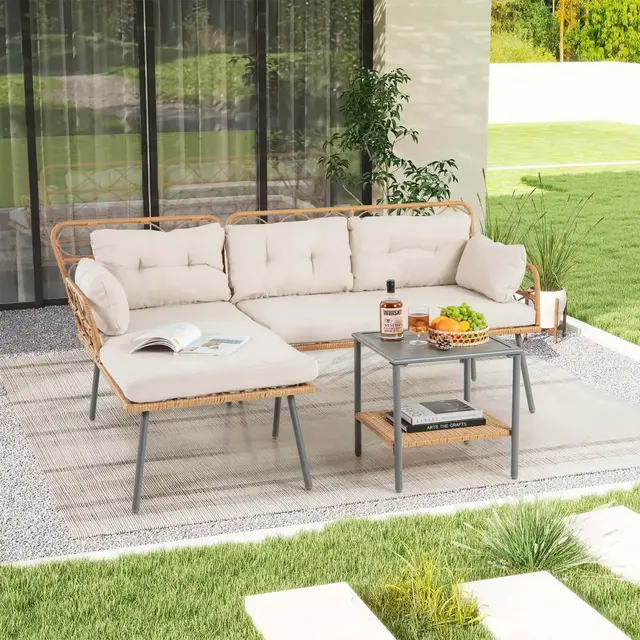 Costway 3 PCS Corner Patio Furniture Cushioned Sofa Set with Small Coffee Table Outdoor