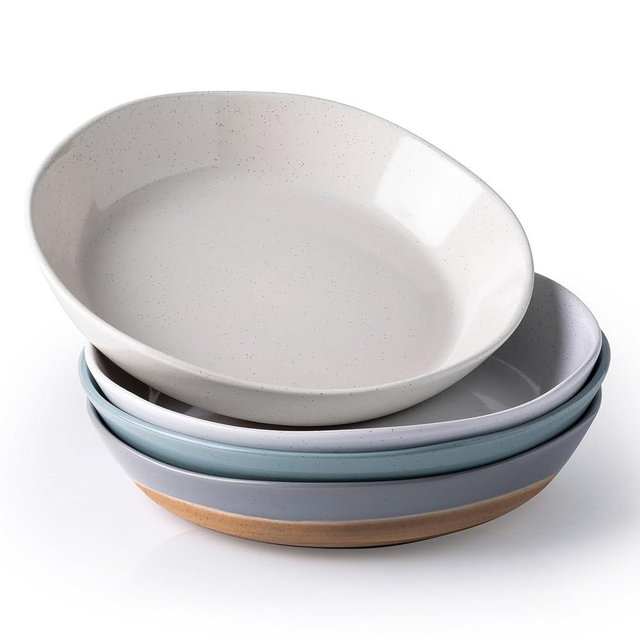 AmorArc 9.5'' Large Ceramic Pasta Bowls, 38oz Handpainted Stoneware Bowls Set of 4, Microwave&Dishwasher Safe Bowls with Wavy Rim&Rustic Terracotta Underside for Fruit Pasta Salad, Multi-Color