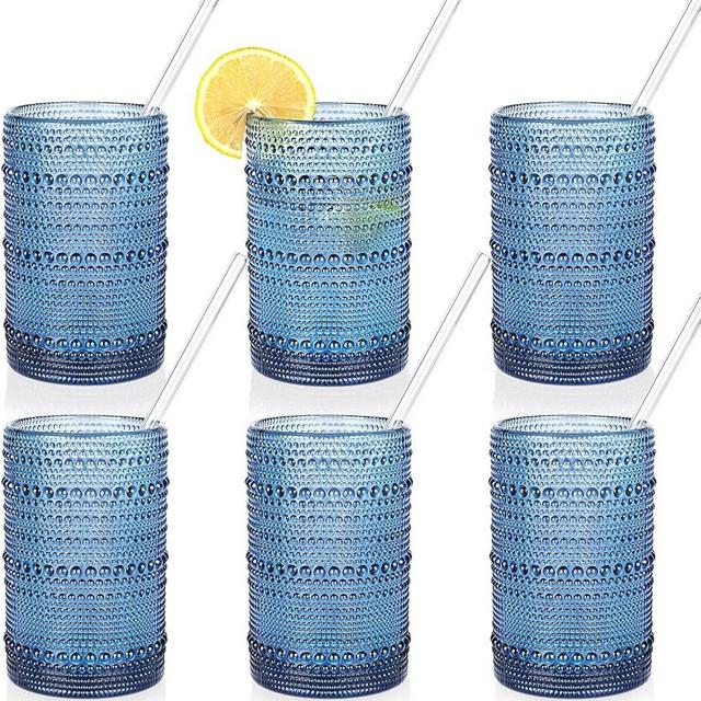 KMIGRUAN Large Hobnail Drinking Glasses Set of 6,15oz Blue Vintage Glassware,Embossed Glass Cups,Water Tumbler,Highball Glasses For Beer, Juice And Various Mixed Drinks