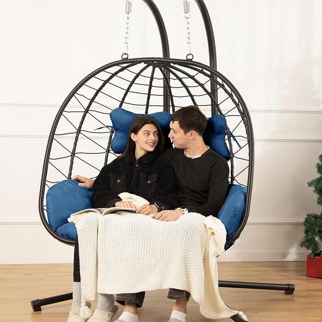 Double Egg Chair wth Stand Hammock Swing Chair Foldable Hanging Loveseat, UV Resistant Removable Cushions, 700LBS Capacity for Bedroom, Balcony, Garden(BK-BL)