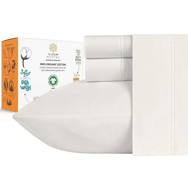 Sleep Mantra Cooling-Sheets 100% Organic Cotton - Ivory Queen Percale Weave 4-Piece Washed GOTS Certified Eco-Friendly Sheet Set, Crisp Lightweight Deep Pocket Bedding for 14 Inch Mattress