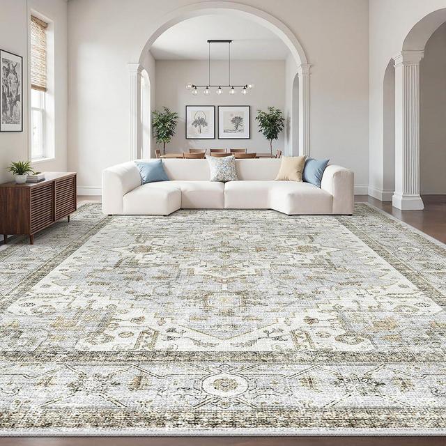 Area Rugs for Living Room - 9x12, Boho Non-Slip Low Pile Carpet Machine Washable Rugs for Bedroom, Farmhouse, Office, Dining Room (Blue)