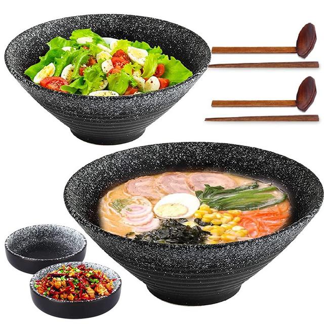 Ceramic Japanese Ramen Bowls Set of 2, Vivimee 60 oz Large Noodle Bowls, Porcelain Pho Bowls, Soup Bowls with Chopsticks Spoons, Saucers, Serving Bowl for Salad, Udon Soba Pho Asian Noodles (Black)