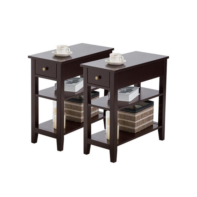Costway 2 PCS 3Tier Nightstand Bedside Side End Table w/Double Shelves Brown