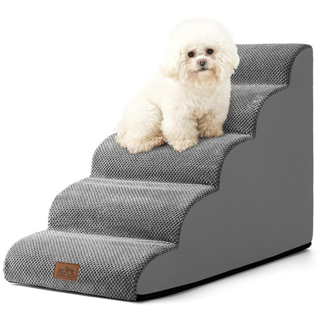 COZY KISS Dog Stairs for Small Dog 22.6" H, Curved Pet Step for Puppy, Older Cat, Medium Pet Ramp for High Bed, Ladder with High Density Foam, Durable, 5 Step, 15.7x33x22.6 inch, Grey
