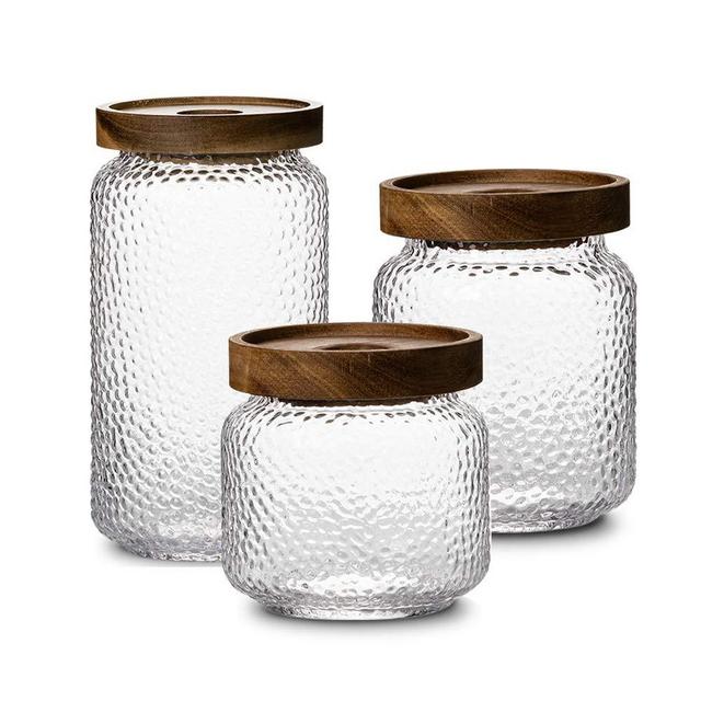 NUTRIUPS 3-Piece Elegant and unique hammered Glass Kitchen Food Storage Containers Set with Airtight Seal Acacia Wood Lids, Round Dry Food Storage Containers Set (1.5L)