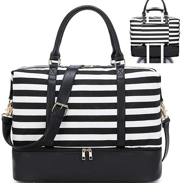 Travel Weekender Bag Canvas Overnight Carry on Shoulder Beach Tote Bag (Black Leather Black stripe with shoes compartment)