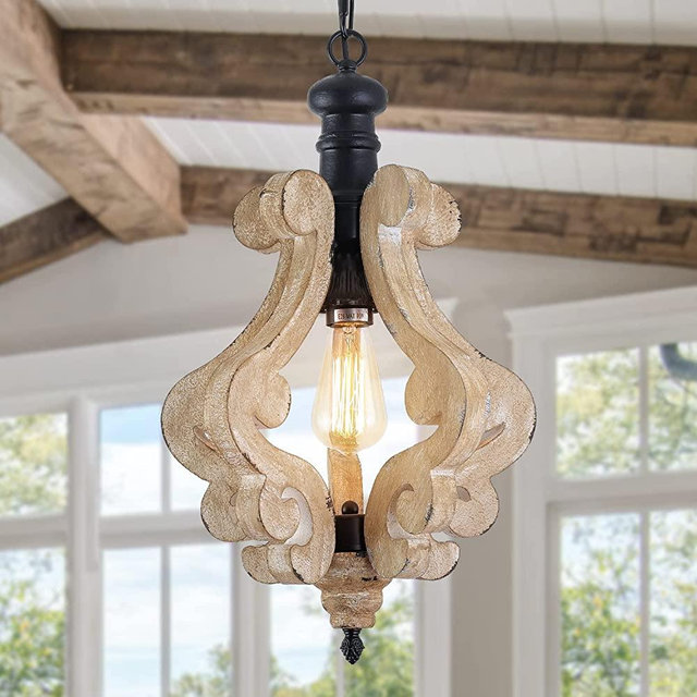 Farmhouse Chandelier Handmade Wood Light Fixture, 1 Light Wooden Pendant Light, French Country Chandeliers for Kitchen Island Foyer Bedroom Living Room Dining Room Foyer Entryway, Brown