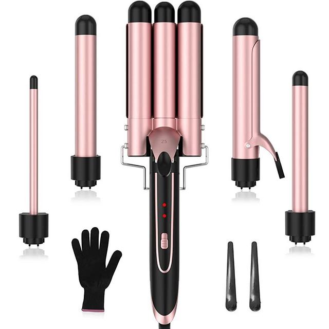 Curling Iron, 5 in 1 Curling Wand Set with 1" 3 Barrel Hair Crimper Hair Waver & 4 Interchangeable Barrel, 2 Temps, Instant Heating, Anti-Scald Heads, 2 Hair Clips and Heat Protective Gloves