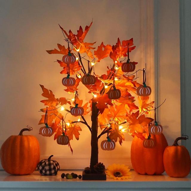hogardeck Fall Decorations for Home, 24”2FT Lighted Maple Leaves Tree Fall Decor with 24LT Warm White LEDs, 12 Wood Pumpkin Ornaments Battery Powered Timer Artificial Trees for Autumn, Thanksgiving