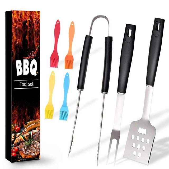 Ranphykx BBQ Grill Tool Set. 7pcs Barbecue Grilling Accessories, Includes - Stainless Steel Spatula, Fork, Tongs, Silicone Basting Brush